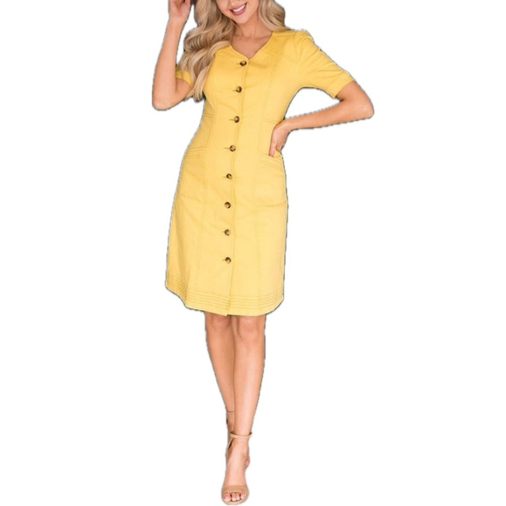 DownEast Jennika Yellow Jean Dress XXL Button Front V Neck Casual Chic Pockets